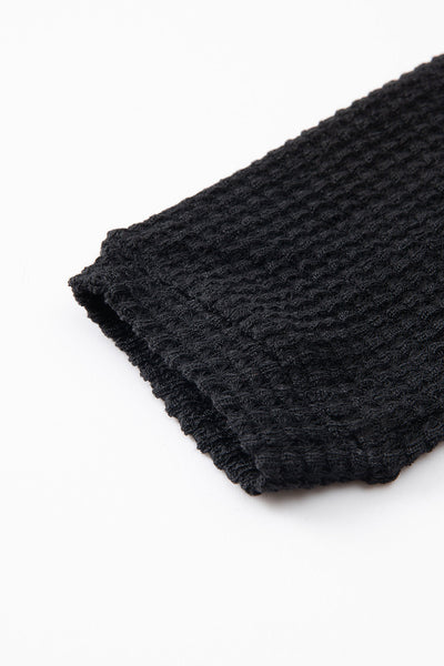 Cozy Women's Black Waffle Knit Long Sleeve Top with Drop Shoulders - Relaxed Casual Essential for Everyday Style