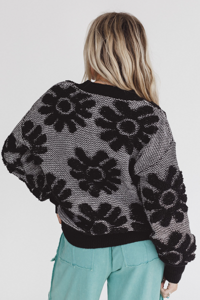 Chic Women's Black Floral Plush Sweater with Drop Shoulder Design for a Relaxed Fit and Cozy Style