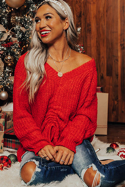 Chic Fiery Red Oversized Knit Sweater for Women with V-Neck and Adjustable Hem for Effortless Style
