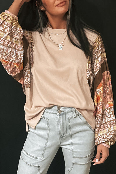 Trendy Women's Floral Patchwork Puff Sleeve Waffle Knit Top in Parchment - Chic and Comfortable for Any Occasion