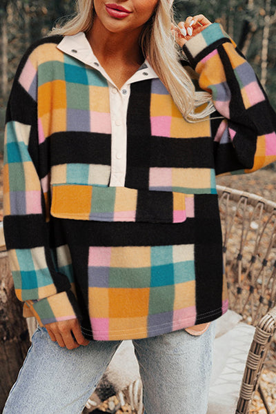 Women's Cozy Black Plaid Sweatshirt with Half Button Collar and Pockets - Casual Style for Everyday Comfort