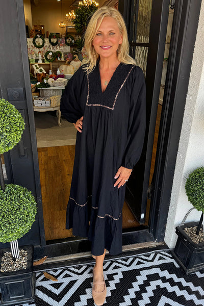 Elegant Women's Black V-Neck Maxi Dress with Smocked Detail, Leopard Trim, and Stylish Bracelet Sleeves