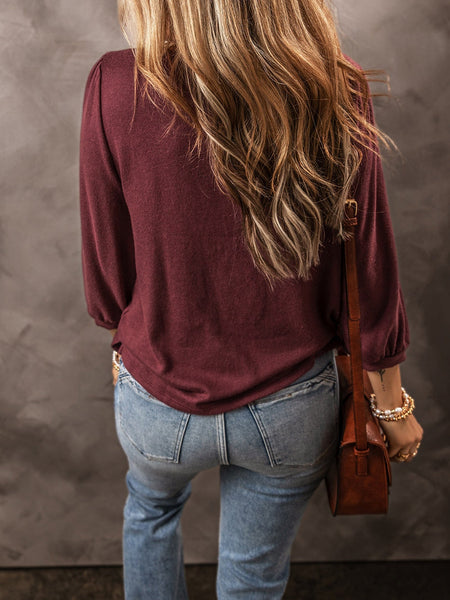Crimson Dahlia Elegant 3/4 Sleeve Crew Neck Blouse