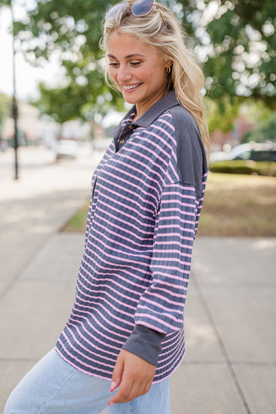 Women's Gray Stripe Ribbed Long Sleeve Polo Top with Contrast Collar - Stylish and Comfortable Casual Wear