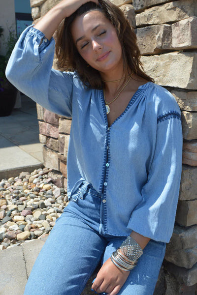 Chic Women's Beau Blue Chambray Button-Down Shirt with V-Neck, Long Sleeves, and Stylish Stitched Detail