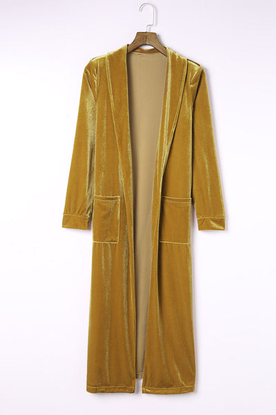 Stylish Women's Yellow Velvet Duster Coat with Pockets - Comfortable Open Front Design for Effortless Chic Looks