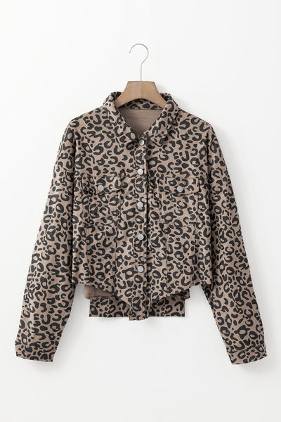 Trendy Women's Dark Khaki Leopard Print Corduroy Jacket with Irregular Hem and Chic Button Details for Effortless Style