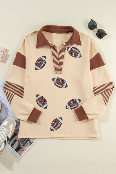 Women's Sequined Football Polo Sweatshirt with Striped Patchwork