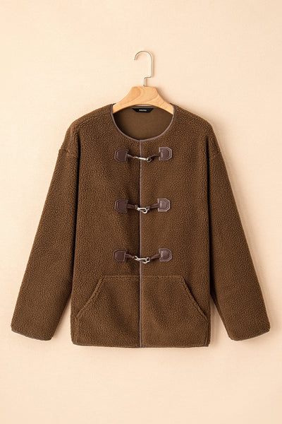 Women's Coffee Brown Textured Teddy Coat with Toggle Closure