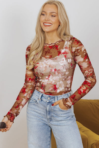 Elegant Women's Red Floral Print Sheer Mesh Long Sleeve Blouse Lightweight Summer Top for Chic and Stylish Looks