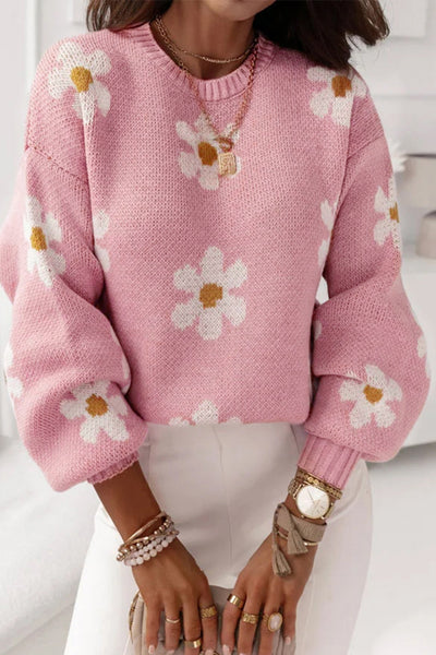 Trendy Women's Pink Floral Drop Shoulder Sweater - Cozy Knit for Effortless Casual Style and All-Day Comfort