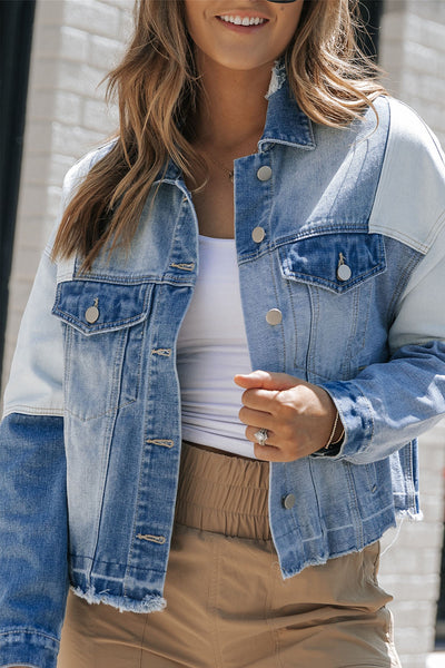 Women's Casual Sky Blue Color Block Denim Jacket with Frayed Hem & Unique Patchwork Design for Effortless Style