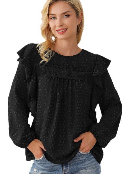 Elegant Black Lace Eyelet Ruffle Sleeve Blouse for Fall
