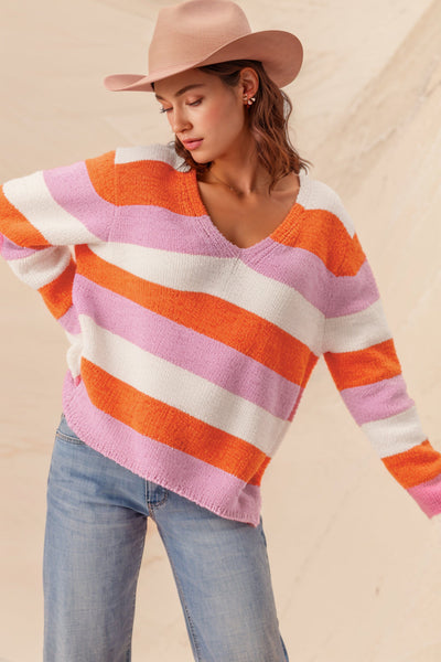 Stylish Women's Orange Striped Colorblock V-Neck Sweater - Casual Comfort for Everyday Chic Looks made for easy styling and wardrobe coordination,