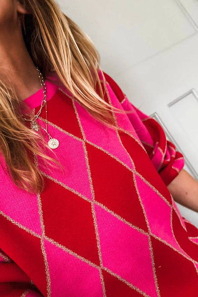 Stylish Women's Rose Red Glitter Knit Sweater with Rhombus Design for Casual Everyday Fashion made for easy styling and wardrobe coordination, with