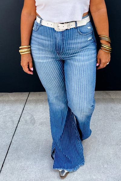 Trendy Women's Sky Blue Striped High-Waisted Flared Jeans with Raw Hem & Split Leg Design for a Chic Look