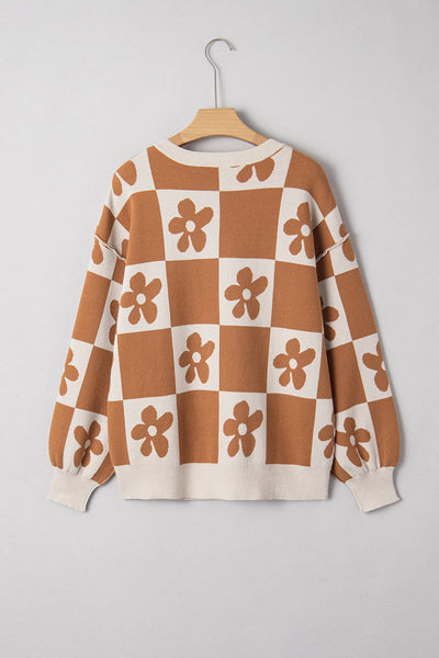 Women's Floral Checkerboard Viscose-Blend Henley Sweater