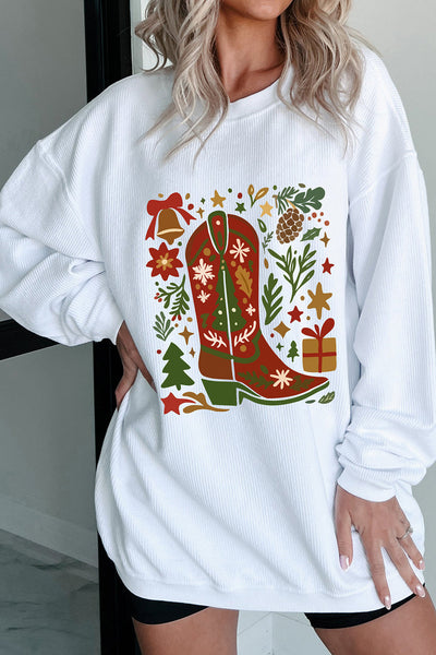 Women's Western Christmas Boot Fleece Sweatshirt