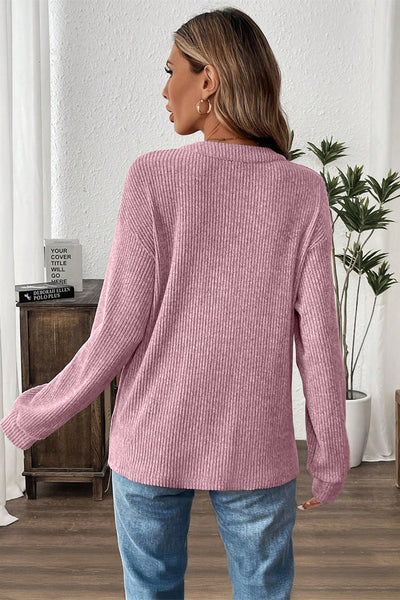 Cozy Women's Pink Ribbed Henley Top with Drop Shoulder Design for Effortless Style and Comfort