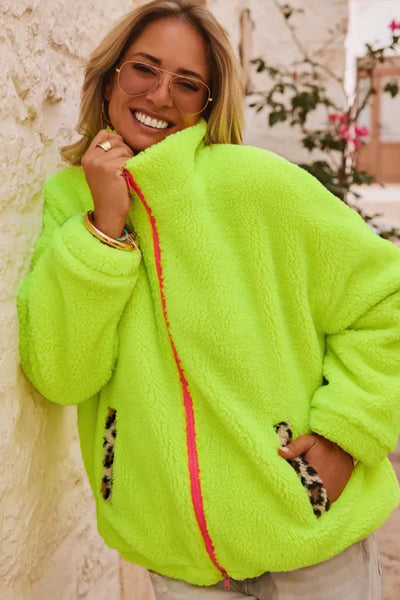 Cozy Women's Pear Green Fuzzy Sherpa Jacket with Contrast Trim and Pockets - Stylish Full Zip Outerwear for Fall/Winter