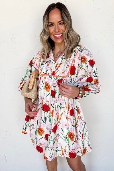 Women's Floral Ricrac Trim Mini Dress with Puff Sleeves