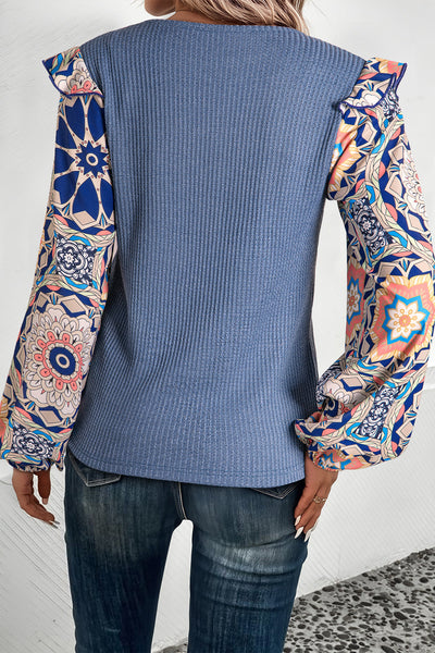 Women's Casual Chic Blue Floral Ruffled Sleeve Blouse - Stylish Patchwork Waffle Knit Top for Effortless Elegance