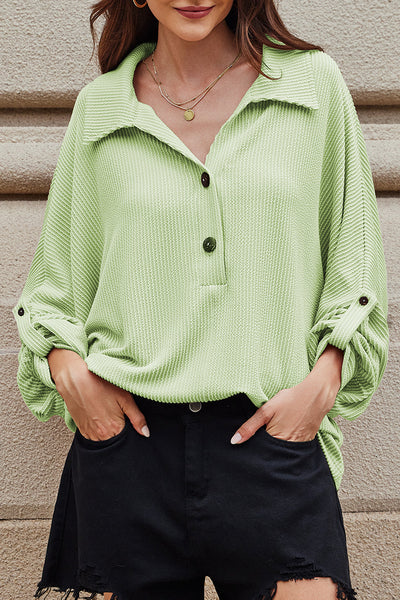Aqua Oversized Ribbed Henley Top for Women with Roll-Up Sleeves - Stylish, Comfy, and Versatile for Everyday Wear