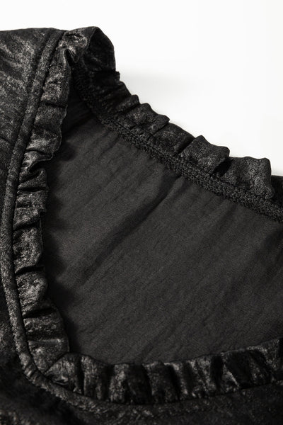 Trendy Women's Black Metallic Frilled V-Neck Babydoll Blouse with Puff Sleeves Chic Style for Every Occasion