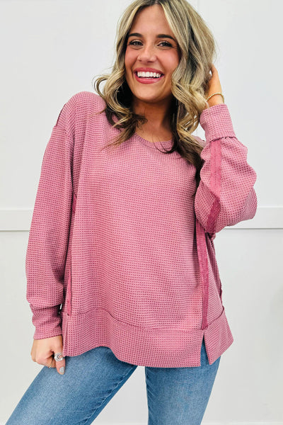 Cozy Fuchsia Oversized Pullover for Women with Waffle Knit, Contrast Patches & Side Slits - Chic Casual Top