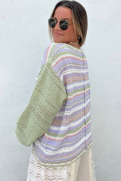 Stylish Women's Multicolor Striped Knit Cardigan with Color Block Design, V-Neck, Button Closure, and Cozy Patch Pockets
