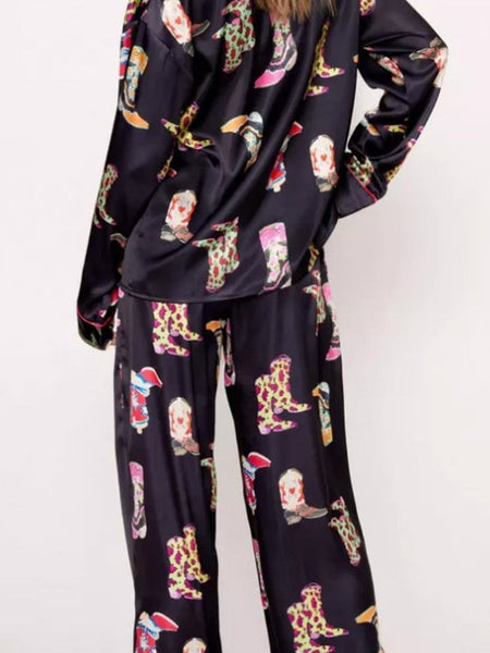 Women's Cowgirl Chic Satin Pajama Set with Western Print