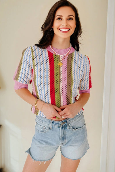 Women's Multi-Color Pointelle Knit Striped Short Sleeve Sweater