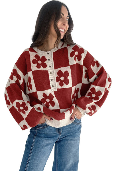 Women's Red Dahlia Floral Checkerboard Henley Knit Sweater