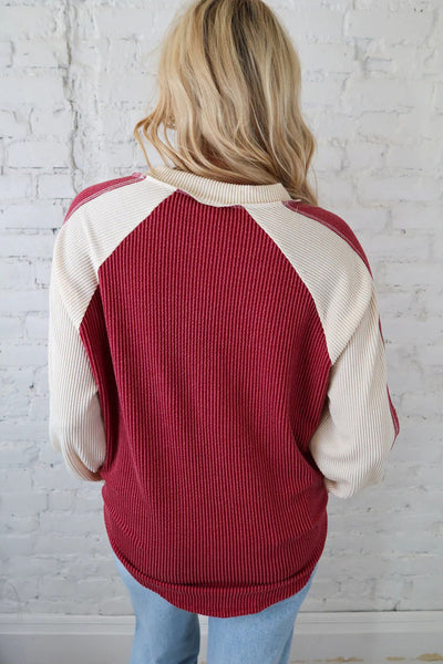 Trendy Women's Long Sleeve Twisted Ribbed Color Block Top in Racing Red - Comfortable Fit for Chic Outfits