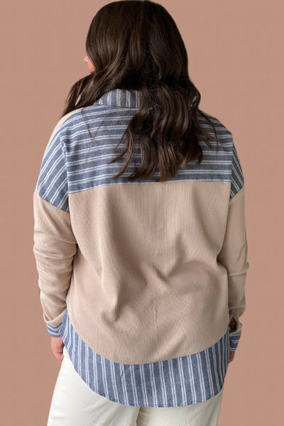 Plus Size Women's Stylish Long Sleeve Waffle Stripe Patchwork Shirt in Parchment - Comfortable and Trendy Fit
