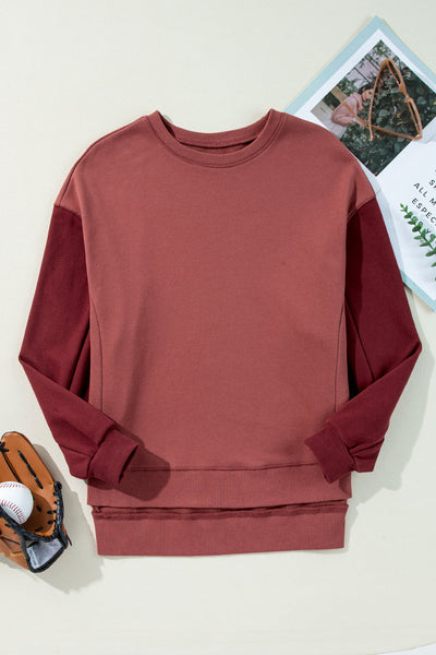 Cozy Women's Mineral Red Two-Tone Patchwork Drop Shoulder Sweatshirt - Effortless Everyday Casual Style