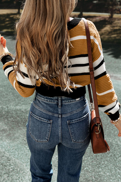 Cozy Brown Textured Knit Striped V-Neck Sweater