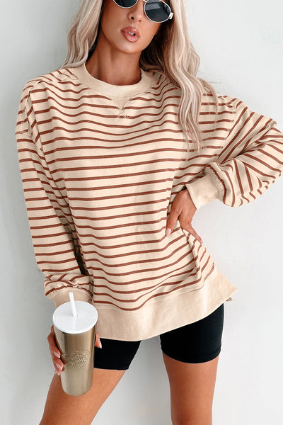 Cozy Women's Khaki Striped Baggy Sweatshirt with Ribbed Cuffs and Trendy Seam Detail for Effortless Style