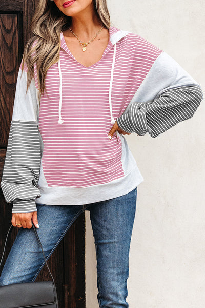 Casual Women's Pink Striped Color Block Hooded V-Neck Top - Loose Fit with Adjustable Drawstring for Comfortable Style