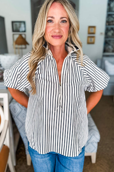 Trendy Women's Black and White Stripe Half Zip Blouse with Puff Sleeves - Chic Patchwork Top for Casual Outfits
