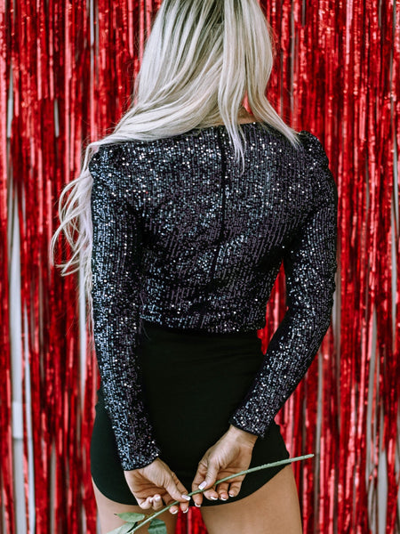 Sparkling Black Sequin V Neck Long Sleeve Bodysuit