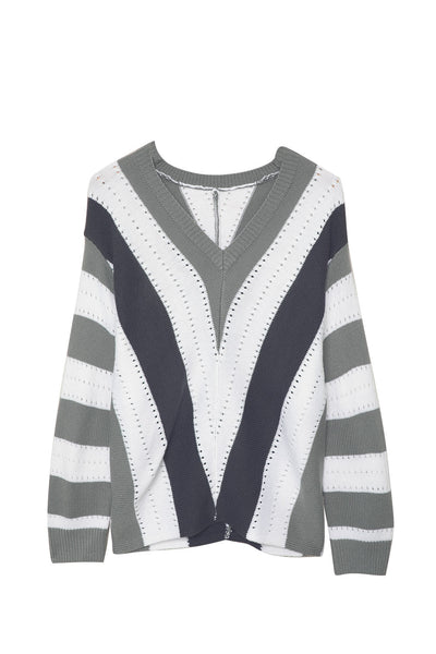 Zip-Up V-Neck Striped Sweater