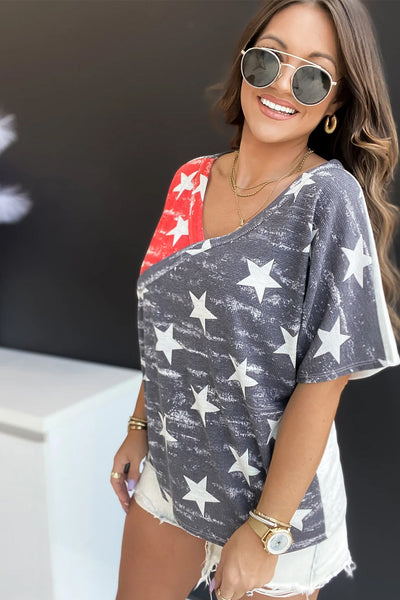 Summer Star Print V-neck Off-shoulder T-shirt - Drop Shoulder - Off-Shoulder - Barcelet - Scoop - Bare