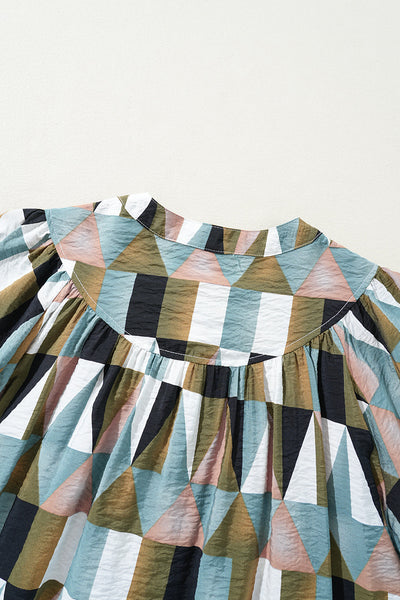 Stylish Women's Green Geometric Print Balloon Sleeve Shirt - Casual Loose Fit Top for Effortless Comfort