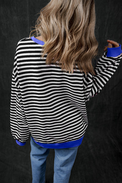 Cozy Women's Black Striped Oversized Sweatshirt with Contrast Trim - Perfect for Casual Days and Effortless Style