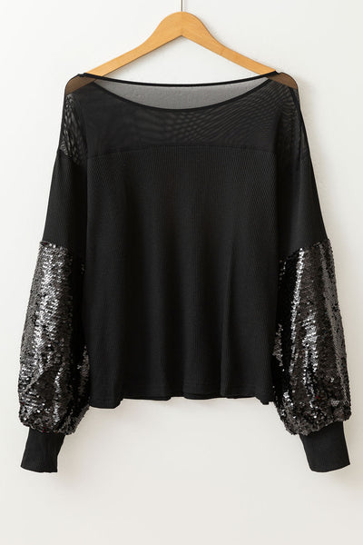 Elegant Black Sequin Lantern Sleeve Blouse for Women - Stylish Patchwork Design, Perfect for Evening Wear