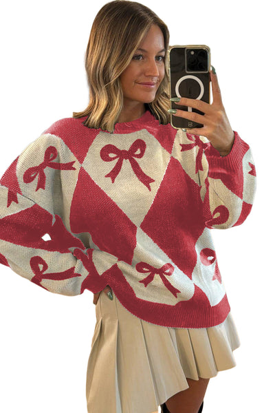 Cozy Loose Fit Women's Red Bow Print Two-Tone Rhombus Knit Sweater for Effortless Chic Style