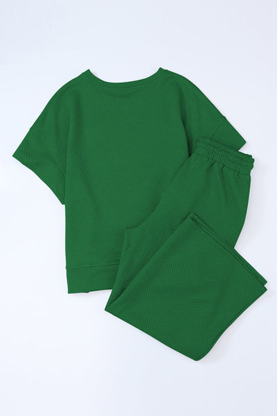 Women's Dark Green Textured Lounge Set - Relaxed Fit T-Shirt & Drawstring Pants for Cozy Everyday Comfort