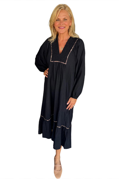 Elegant Women's Black V-Neck Maxi Dress with Smocked Detail, Leopard Trim, and Stylish Bracelet Sleeves