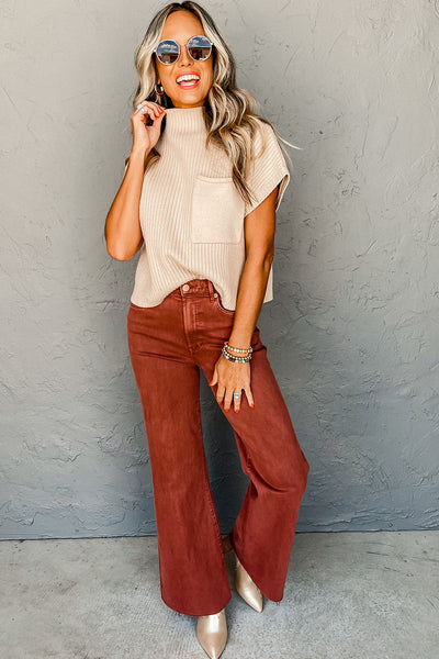 Cozy Women's Oatmeal Ribbed Knit Short Sleeve Sweater with Pockets - Casual Everyday Style for Effortless Comfort